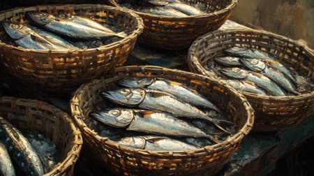 A market scene featuring fresh mackerel in small baskets, emphasizing the natural beauty and simplicity of the fish and the rustic charm of the market.の素材