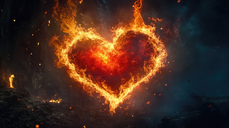 A close-up of a flaming heart, its edges flickering with red and orange flames, set against a dark background to highlight the heat and intensity of love.の素材