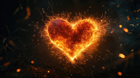 A fiery heart glowing with warmth and energy, surrounded by sparks and flames, symbolizing the burning passion of romantic love, set against a black background.の素材