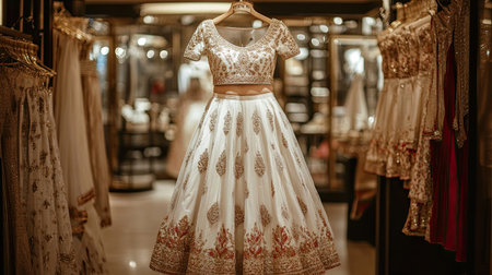 A stunning white bridal lehenga with gold accents, hanging in a luxurious store, capturing the essence of traditional Indian wedding attire.の素材