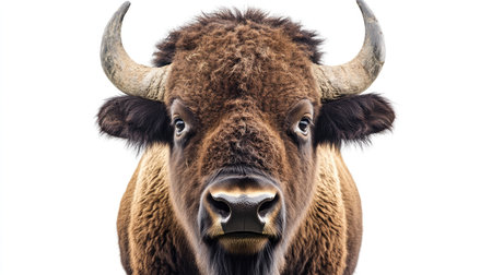 A close-up of a bison's face on a white background, with its thick horns and intense gaze prominently displayed, emphasizing its ruggedness.の素材