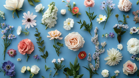 An arrangement of various flowers spread across a blue background in a simple, elegant layout, showcasing the natural beauty and diversity of floral forms.の素材