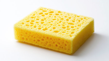 A bright yellow cleaning sponge isolated on a white background, ideal for household cleaning product advertisements or minimalist design concepts.の素材