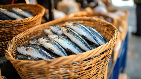 Mackerel in small traditional baskets at a market, with a focus on the fresh catch and the artisanal baskets used for display, reflecting a sense of local tradition.の素材