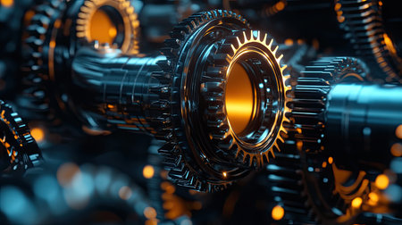 A futuristic display of 3D engine gears, highlighting their role in driving technological progress. The gears are intricately designed, with a focus on innovation and mechanical sophistication.の素材