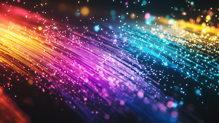 Close-up of a fiber optic cable, with colorful light beams representing data transfer.の素材