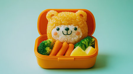 A cute bear-shaped rice ball in a lunchbox, with vibrant sides like carrots and broccoli, set against a solid color background. The scene is perfect for showcasing fun and healthy eating.の素材