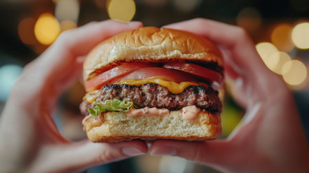 Hands holding a hamburger mid-bite, with all the delicious layers visible, and the person's face intentionally out of frame, highlighting the burger's appealの素材