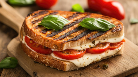 A classic Italian panini with fresh mozzarella, tomatoes, and basil leaves.の素材