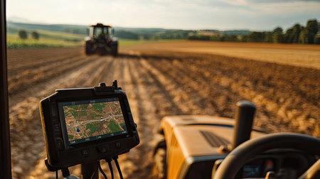 Close-up of a GPS device on a tractor, guiding it through the fields.の素材