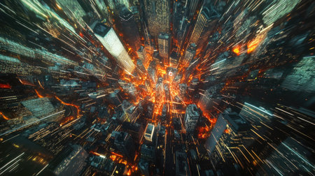 Aerial view of a city with digital communication waves radiating from a central point.の素材