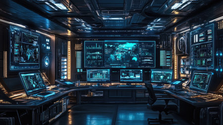 Modern communication hub with multiple screens displaying real-time data.の素材