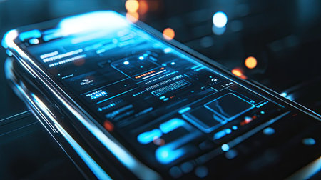 Close-up of a smartphone screen, showing a digital communication platform.の素材