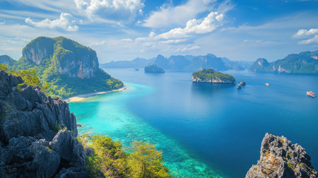 A breathtaking view of the ocean and mountains with picturesque Thai islands in the background. Ideal for travelers seeking adventure in Phuket.の素材