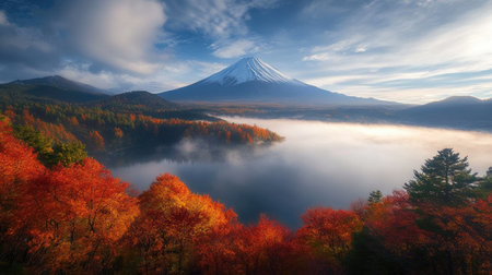A breathtaking view of Mount Fuji surrounded by vibrant autumn foliage, with morning fog drifting over Lake Kawaguchiko, Japan. The perfect scenic moment for capturing the beauty of nature.の素材