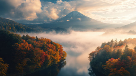 A breathtaking view of Mount Fuji surrounded by vibrant autumn foliage, with morning fog drifting over Lake Kawaguchiko, Japan. The perfect scenic moment for capturing the beauty of nature.の素材