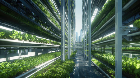 Modern vertical farm with automated lighting and watering systems.の素材