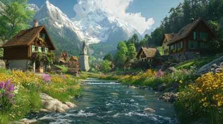 A charming Swiss village nestled in a valley, with a river stream flowing through, surrounded by mountains and meadows, showcasing the natural beauty of Switzerland.の素材