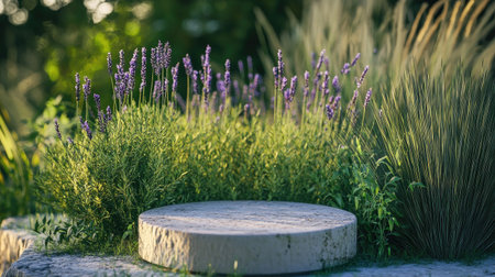 A small, round podium set against a backdrop of ornamental grasses and lavender sprigs, creating a serene, nature-inspired scene.の素材