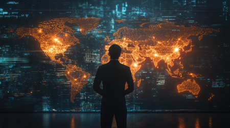 A businessman analyzing a digital world map with glowing business opportunities.の素材