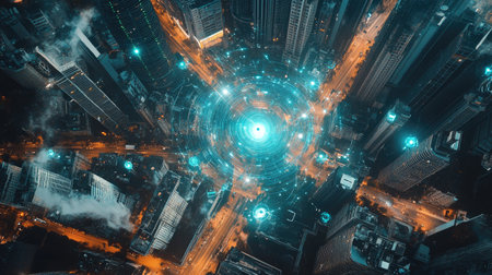 Aerial view of a city with communication signals radiating from towers, symbolizing connectivity.の素材