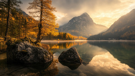 Hintersee Lake at sunset, with the golden colors of autumn blending seamlessly with the peaceful waters and majestic mountain backdrop.の素材