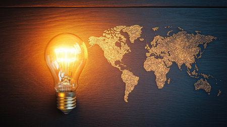 A lightbulb glowing over a world map, symbolizing bright business ideas around the globe.の素材