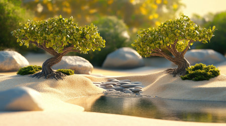 A peaceful environment featuring two bonsai trees, with carefully arranged sand, rocks, and streams, suitable for a nature-themed illustration.の素材