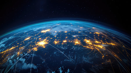 A network of glowing lines connecting global business hubs on a digital globe.の素材