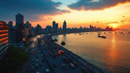 The bustling marine drive in Mumbai, with the city skyline and the Arabian Sea in the background at sunset.の素材