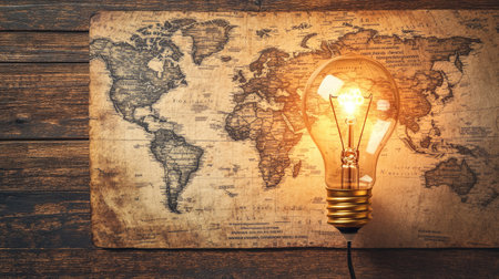 A lightbulb over a world map, symbolizing innovative business ideas worldwide.の素材