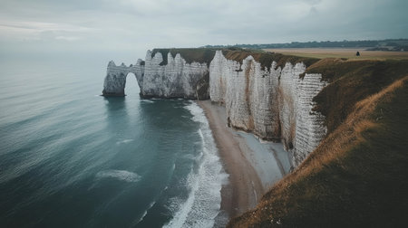 The iconic cliffs of Etretat, with their natural arches and dramatic drop to the sea, viewed from a panoramic perspective that highlights the beautyの素材