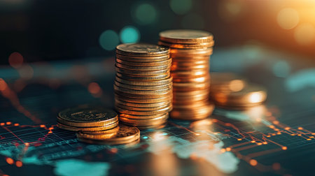 A stack of coins growing from a digital world map, symbolizing international business success.の素材