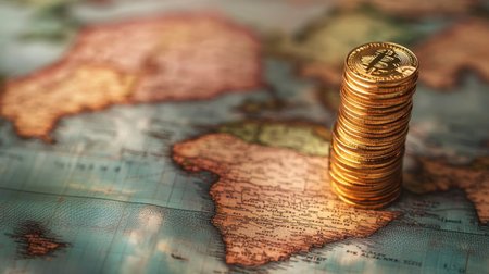 A stack of coins on a global map, symbolizing international business growth.の素材