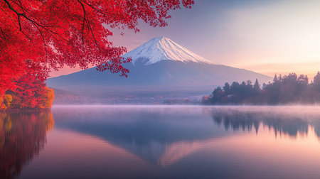 Mount Fuji amidst a colorful autumn landscape with red leaves and morning fog over Lake Kawaguchiko. A serene and picturesque view that showcases the best of Japan's fall season.の素材