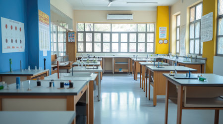 A quiet Indian school science lab with empty workstations, lab equipment, and educational charts, ready for students to explore and experiment.の素材