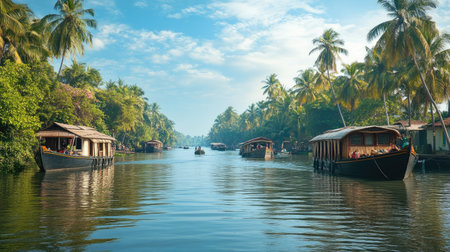 The picturesque backwaters of Kerala, with traditional houseboats floating gently on the water.の素材