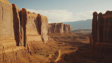 The rugged beauty of Wall Street in Arches National Park, with its towering sandstone cliffs and winding trails, offering a stunning and awe-inspiring landscape.の素材