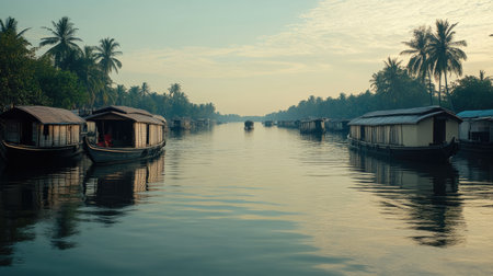 The picturesque backwaters of Kerala, with traditional houseboats floating gently on the water.の素材