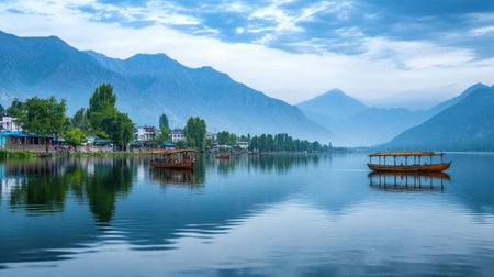 The tranquil Dal Lake in Srinagar, with traditional shikaras (wooden boats) gliding on the water, surrounded by mountains.の素材