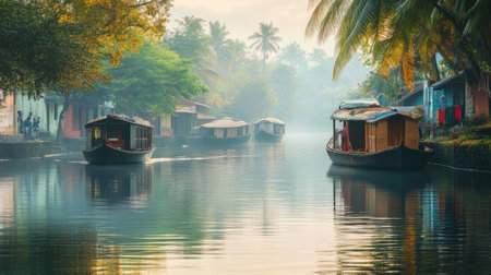 The picturesque backwaters of Kerala, with traditional houseboats floating gently on the water.の素材
