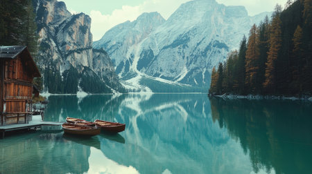 The tranquil waters of Lake Braies mirror the surrounding mountains and forests, creating a stunning natural scene that invites peace and relaxation.の素材