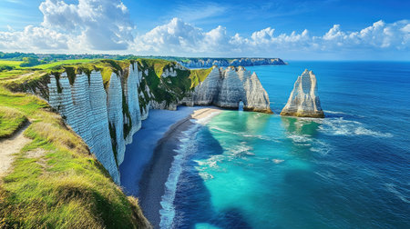 The picturesque cliffs of Etretat, bathed in sunlight and surrounded by the blue waters of the English Channel, captured in a stunning panoramic landscape.の素材