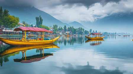 The tranquil Dal Lake in Srinagar, with traditional shikaras (wooden boats) gliding on the water, surrounded by mountains.の素材