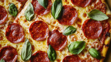 A deliciously detailed view of a freshly baked pepperoni pizza, with gooey mozzarella and crisp basil leaves, capturing the perfect slice of savory goodness.の素材