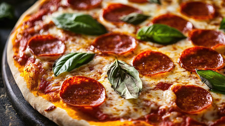 A close-up shot of a golden, crispy pepperoni pizza topped with melted mozzarella and fresh basil, exuding warmth and flavor from the oven.の素材