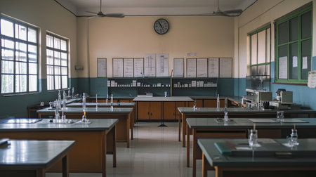 A quiet Indian school science lab with empty workstations, lab equipment, and educational charts, ready for students to explore and experiment.の素材