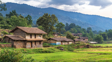 A picturesque scene of Garvajodh village, with traditional architecture, open fields, and a peaceful rural atmosphere, offering a glimpse into life in the Indian countryside.の素材
