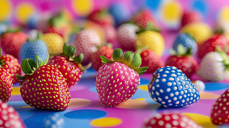 A playful surreal scene with imaginary strawberries in vibrant pink, blue, yellow, and white, scattered across a colorful background.の素材
