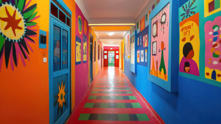 A brightly colored school corridor in India, with vibrant wall paintings and educational posters, showcasing the lively and creative environment of the school.の素材